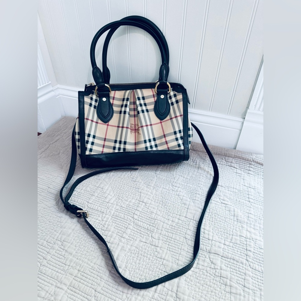 Burberry house check medium size crossbody bag leather monogram in beige brown